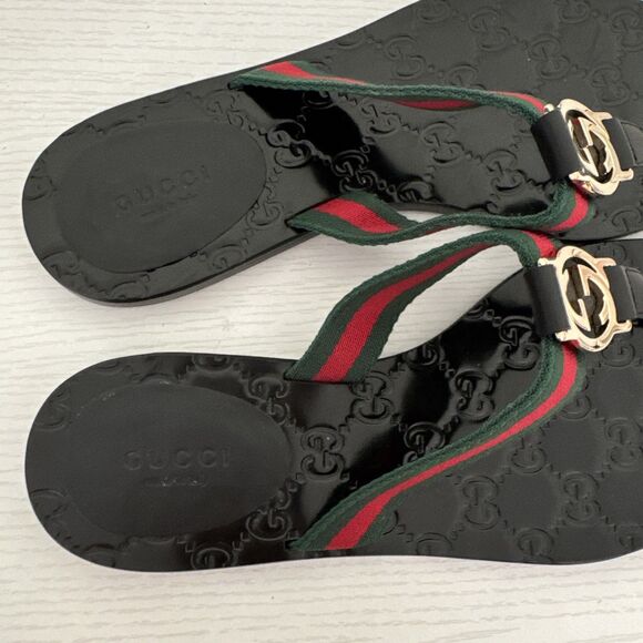 Gucci GG Black Thong Guccissima Sandals Logo Monogram Flip Flop Web Day 7.5 37.5 - Picture 4 of 10